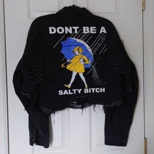 Black Graphic Distressed Jean Jacket - Don't Be A Salty B
